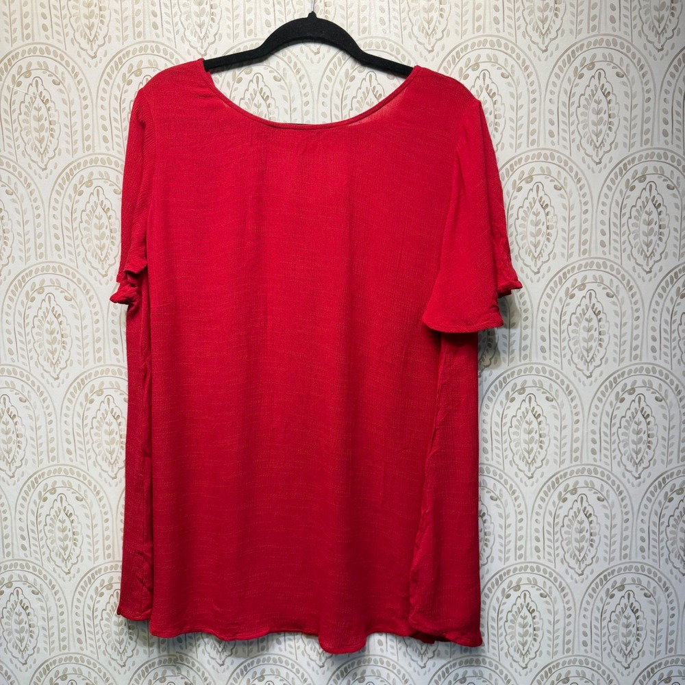 Lane Bryant V-Neck Blouse Women 14/16 Red Flutter Sleeve Strappy Back Rayon Top